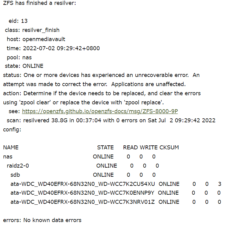 An unrecovered write error in ZFS - RAID - openmediavault